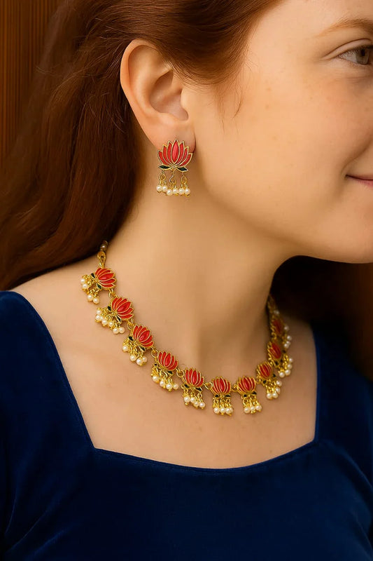 Festive Lotus Choker Necklace Set - SONAKAA