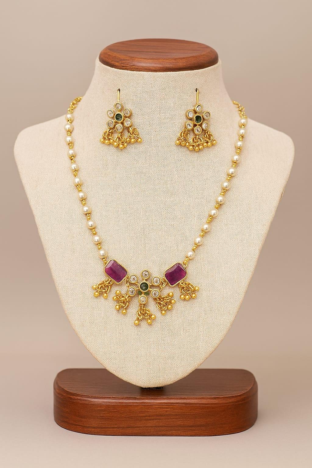 Designer Pearl Stone Necklace Set - SONAKAA