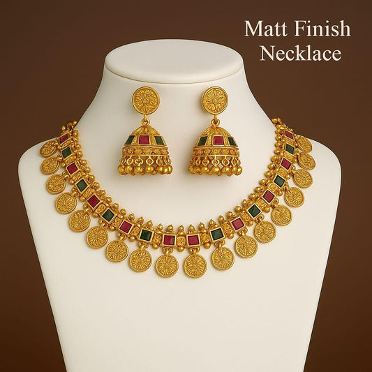 Traditional Matte Gold Finish Necklace Set with Jhumka Earrings for Women - SONAKAA